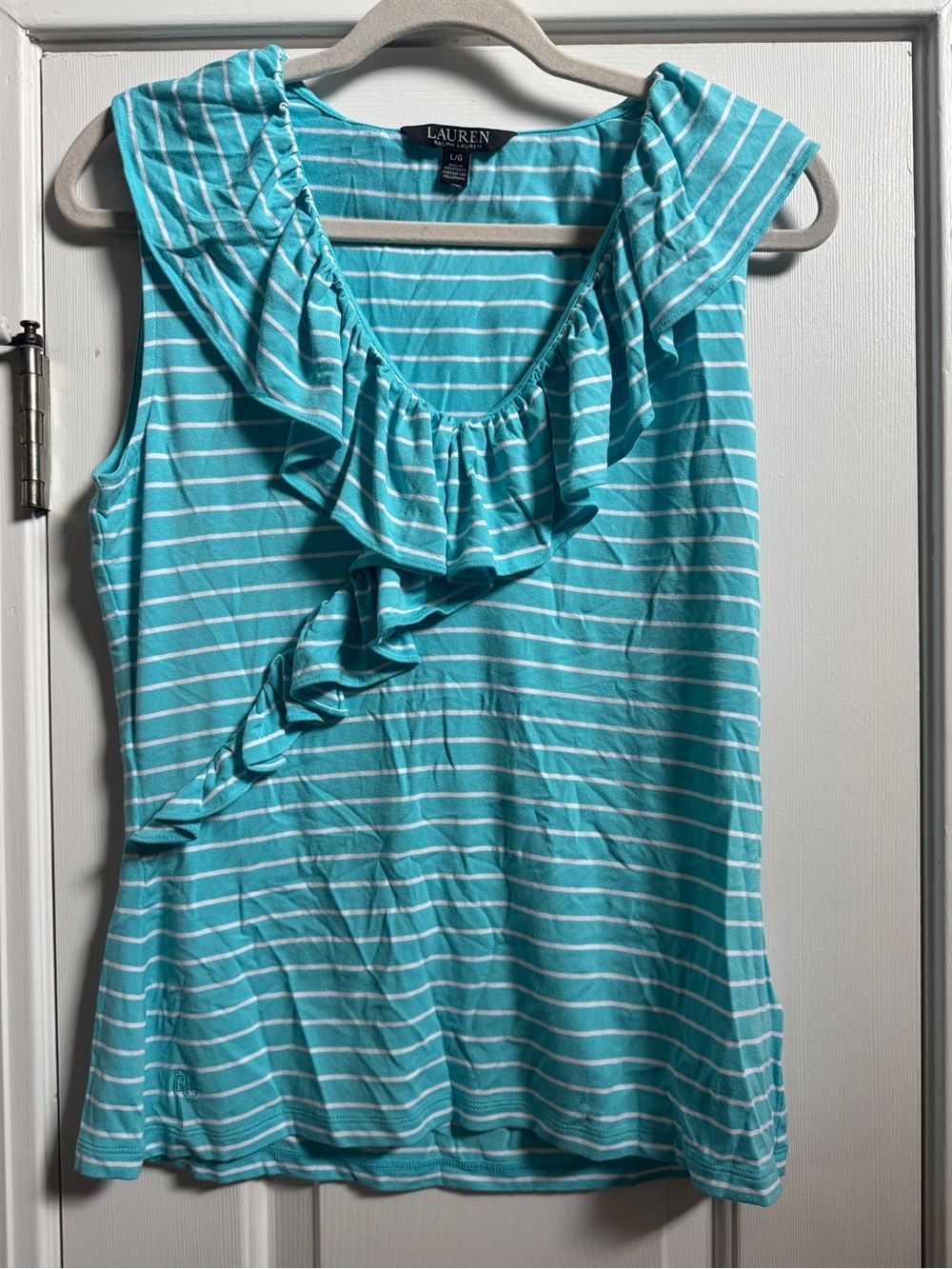 Lauren Ralph Lauren Turquoise and White Striped Ruffle Tank